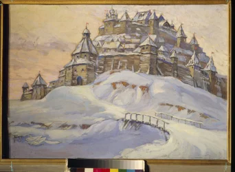 Vanha venäläinen linnoitus. (Puinen linnoitettu kaupunki, lumen alla Ukrainassa keskiajalla). Konstantin (Konstantin) Ivanovitš Gorbatovin (1876-1945) teos, tempera puulle, 1900-luvun alku. Yksityinen kokoelma.