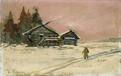 Talvimaisema kahdella puisella mökillä, 1900-luvun alku