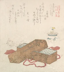 Kirjelaatikko kirjeellä ja ruukkukukka, 1800-luku.