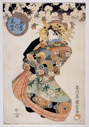 Kurtesaani Hanamurasaki Tamaya-teehousesta, n. 1830, Ukiyo-e-taidevedos Utagawa Kunitomin (toiminut 1810-1830), Oban-tate-e-puupiirros, 38,2x26,5 cm, japanilainen sivilisaatio