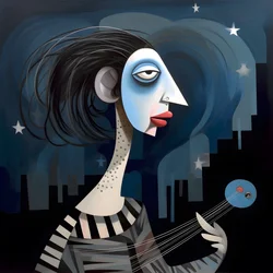 3D-nainen trubaduuri kitaransa kanssa yön kuun valoissa 3