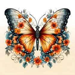 Perhonen keskellä, symmetrinen, kukkia taustalla 3