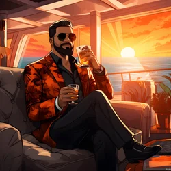 rikas, hyvin pukeutunut mies istuu yksityisellä risteilyaluksella ja juo cocktailia 3