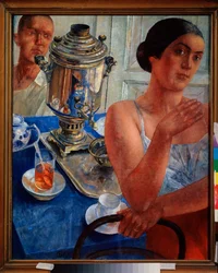 Al voltant del samovar. (Escena de la vida quotidiana, una parella pren el te). Pintura de Kuzma Sergeyevich Petrov Vodkin (Petrov-Vodkin) (Kouzma Petrov Vodkin) (Petrov-Vodkin) (1878-1939), oli sobre tela finès