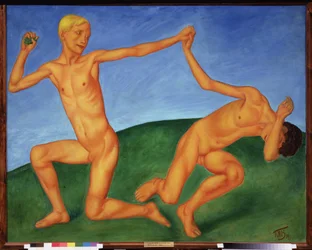 Garcons jouant. (ikävystyminen ja homoseksuaalisuus). Peinture de Kuzma Sergejevitš Petrov Vodkin (Petrov-Vodkin) (Kouzma Petrov Vodkine) (Petrov-Vodkine) (1878-1939), huile sur toile