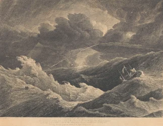 Vuonna 1804 tehdystä luonnoksesta, joka on tehty Madagaskarin ja Hyvän toivon niemimaan välisen myrskyn aikana, jossa intialainen Prince of Wales -alus oli täysin hukassa, noin 1804 (etsaus).