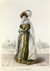 Marie Dorval (1798-1849) Victor Hugon (1802-85) elokuvassa "Marion Delorme" Theater de la Porte Saint-Martinissa, kaiverrus F. Noel