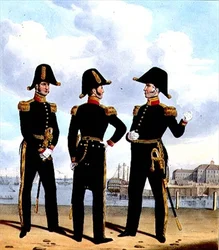 Laivaston päällikkö ja lääkärit, taiteilijoiden kaiverrettu levy 13 julkaisusta "Kuninkaallisen laivaston ja merijalkaväen puku", n. 1830-37 (värilitho)