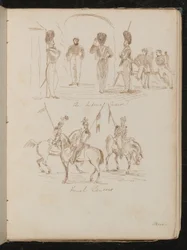 Tutkimuksia sotilaista, joihin on kirjoitettu "Keisarillinen vartija", sotilaista, joilla on liput hevosen selässä, kirjoitettu "French Lancers"