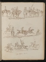 Kolme tutkimusta hevosen selässä olevista sotilaista, joihin on kaiverrettu "Garibaldian Cavalry"
