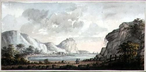 Maisema kahdella hahmolla lahdelle, n. 1825 (akvarelli paperille)