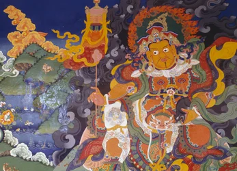 Värikkäitä jumalia kuvaava fresko, Lamayuru buddhalaisluostari (Lamayuru Gompa), Himalaja, Ladakhin alue, Jammun osavaltio ja Kashmir, Intia