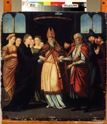 Marian ja Joosefin häät (Marriage of Mary to Joseph). Lambert Lombardin (1505-1566) maalaus. Renessanssin taidetta. Öljy puulle. Regional Art Museum, Uzhhorod (Uzhgorod tai Uzhgorod), Ukraina