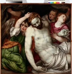 Pieta et anges (Pieta enkelien kanssa) Lambert Sustrisin (1515-1584) maalaus 1500-luku Aurinko 83x84 cm Musei di Strada Nuova Genes