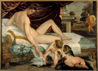 Venus ja Amor, noin 1550 - Mitat: 1,32 x 1,84 m. Louvre, Pariisi