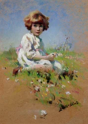 Marjorie - Tyttö poimii koiranputkea (pastelli paperille)