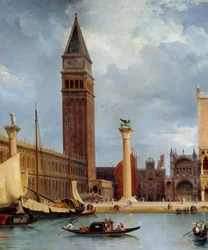 Kierros palatsin yksityiskohdassa, josta on näkymät osalle herttuan palatsia ja piazzettaa Venetsiassa. Theodore Turpin De Crissen (1782-1859) maalaus