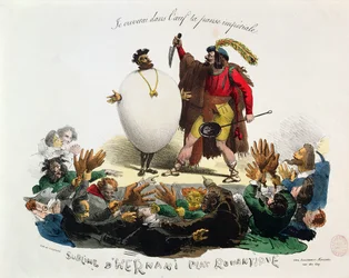 "Ylevä Hernani, romanttinen ruokalaji", pilakuva Victor Hugon (1802-85) teoksesta "Hernani", n. 1830