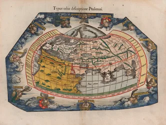 Ptolemaioksen muistiinpanojen mukainen maailmankartta (Typus Orbis Descriptione Ptolemaei), tekijänä Laurent Fries, Gaspar Trechselin vuonna 1541 julkaisemasta uusintapainoksesta, joka perustui hänen vuonna 1522 Ptolemaioksen Maantiedettä varten