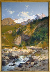Torrentissa on Chavalchere, Tabuchet-jäätikkö ja Meije-vuoren maisema. Laurent Guetalin (1841-1892) maalaus 1888 Grenoble, Musee des Beaux Arts