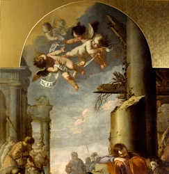 The Adoration of the Shepherds Yksityiskohta, joka edustaa enkeleitä. Laurent de la Hyren maalaus (Laurent de la Hire