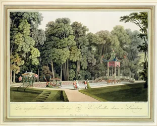 Kiinalainen paviljonki Laxenburgin linnanpuistossa Wienissä, kaivertanut Johann Ziegler (n. 1750-n. 1812)