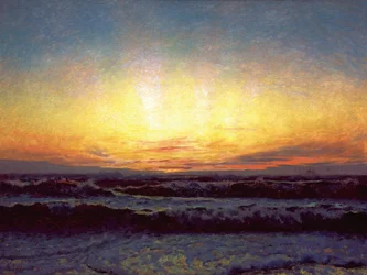 Pohjanmeri myrskyisessä säässä. Auringonlaskun jälkeen. Højen