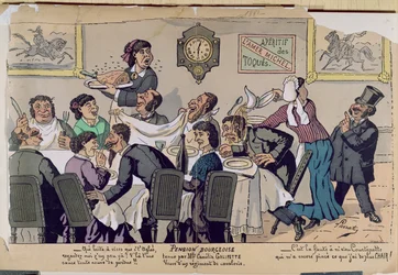 Keskiluokan täysihoitola, karikatyyri, 1881 (värikaiverrus)