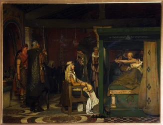 Fredegund (noin 545-597), Neutrian kuningatar, vierailee Rouenin piispa Pretextatissa (kuoli 586) kuolinvuoteellaan (Fredegund vierailee piispa Praetextatuksella kuolinvuoteella) - Sir Lawrence Alma-Tademan (Alma Tadema) maalaus (1836-1912) , öljy puulle