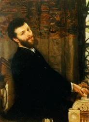 Muotokuva laulaja George Henschelistä soittamassa Alma-Tademan pianoa, Townshend House, 1879