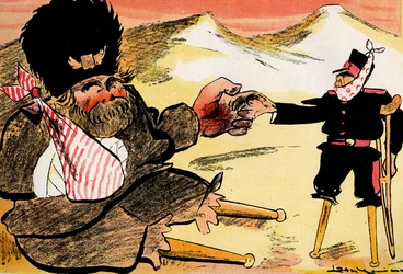 Future Alliance - "Meidän olisi pitänyt aloittaa näin!" - Venäjä ja Japani kättelevät. 1904 (litho)