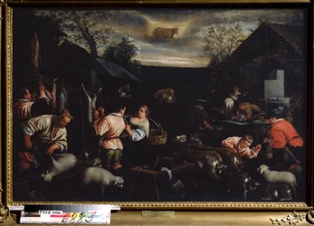 ""Huhtikuun kuukausi"" (huhtikuu) lampaanleikkaus. Härkä merkkisymboli taivaalla. Leandro Bassano da Ponten (1557-1622) maalaus 1595-1600 Mitat 144x190 cm Tula Venäjän valtion taidemuseo