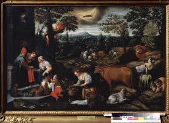 ""Kesäkuu"" (kesäkuu) Työskentele maatilalla, poimi kirsikoita ja kerää vehnää. Syöpämerkin symboli taivaalla. Leandro Bassano da Ponten (1557-1622) maalaus 1595-1600 Tulan valtion taidemuseo
