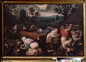 ""Toukokuu"" (Toukokuu) Lypsetään vuohia, tehdään juustoa. Kaksosten merkkisymboli taivaalla. Leandro Bassano da Ponten (1557-1622) maalaus 1595-1600 Tulan valtion taidemuseo