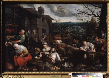 ""Marraskuu"" (marraskuu) Nainen paistaa kastanjoita, toinen valmistaa hanhet. Jousimiehen merkin symboli taivaalla. Leandro Bassano da Ponten (1557-1622) maalaus 1595-1600 Tulan valtion taidemuseo