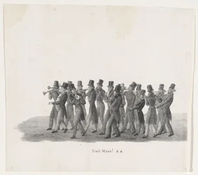 Muusikot Leidenin opiskelijoiden kulkueessa, 1835 Hei Muse! (otsikko esineessä) Yksittäiset esitykset, jotka nousut pitävät H.H. Leidsche Hoogeschoolin opiskelijat 9.2.1835, suljettu (sarjan nimi esineessä)