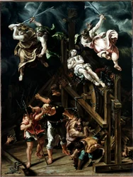 Pyhän Katariinan marttyyrikuolema Neitsyt kärsii pyörän marttyyrikuoleman. Lelio Orsin (1511-1587) maalaus 1560 n. Aurinko. 88x66,5 cm Modene, Galleria Estense