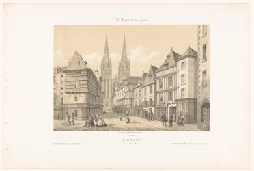 Näkymä Rue Kéréonille ja Quimperin katedraalille Quimper. Vue de la rue Kerion (otsikko esineessä) Contemporary France (sarjan nimi) La France de nos jours (sarjan nimi esineellä)