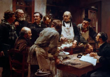 Lääkäri Claude Bernardin (1813-1878) dissektiokurssi (esiliinan kanssa) hänen oppilaidensa Paul Bertin (1833-1886) läsnä ollessa ja Leon Augustin Lhermitten (1844-1925) Arsonvalin Arsene (1851-1940) maalaus 19. vuosisadan Pariisi, Tiedeakatemia
