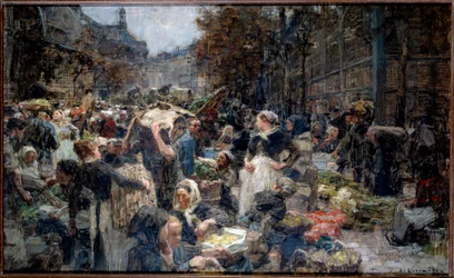 Hallit. Marche des Hallesin väkijoukko Pariisissa 1800-luvulla. Luonnos: Leon Augustin Lhermitte (1844-1925)