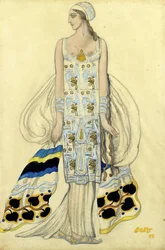 Pukusuunnittelu Ida Rubinsteinille Jean Racinen draamassa Phaedra (Phedre) - Bakst, Leon (1866-1924) - 1923 - Guassi ja muste paperille - 48x32 - Yksityiskokoelma