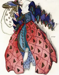 Pukusuunnittelu R. Straussin balettiin "La Legende de Joseph" - Bakst, Leon (1866-1924) - 1914 - Akvarelli, guassi paperille - 33x28 - Yksityiskokoelma