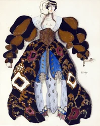 Pukusuunnittelu R. Straussin balettiin "La Legende de Joseph" - Bakst, Leon (1866-1924) - 1914 - Akvarelli, guassi paperille - 33x28 - Yksityiskokoelma