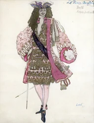 Pukusuunnittelu P. Tšaikovskin balettiin Prinsessa - Bakst, Leon (1866-1924) - 1921 - Akvarelli, guassi paperille - 28x21 - Yksityiskokoelma