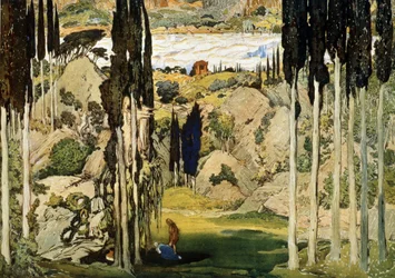 Maurice Ravelin (1875-1937) baletin Daphnis ja Chloe lavastus. Leon Bakstin (1866-1924) maalaus. Akvarelli ja guassi paperille, 74 x 103,5 cm.