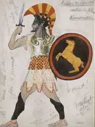 Suunnittelu Polluxin pukulle "Hélène de Sparte" (grafiitti ja akvarelli kultamaalauksella luonnonvalkoiselle paperille)