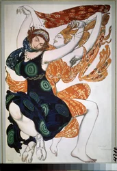 Kaksi beotiennea, puku Nikolai Tcherepninin (Nicolas Tcherepnin) (1873-1945) balettiin "Narcisse" (Kaksi beotiennea, pukusuunnittelu N. Tcherepninin Narcisse-balettiin). Piirustus Leon Bakst (1866-1924). Akvarelli, guassi, kulta ja hopea päällä