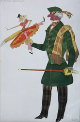 Englantilainen. Pukusuunnittelu G. Rossinin balettiin The Magic Toy Shop, 1919