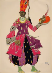 Eunukki "Eunukki" -asu Nicholas Rimsky Korsakovin (Rimski-Korsakov) balettiin Sheherazade 1922 (akvarelli). Puku Nicholas (Nikolai) Rimski Korsakovin (Rimski-Korsakov) balettiin Sheherazade (1844-1908)