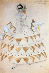 Noble Waltz, pukuluonnos balettiin " Carnaval ", jonka musiikki on Robert Schumannin (akvarelli, väriliitu ja pesuväri paperille).